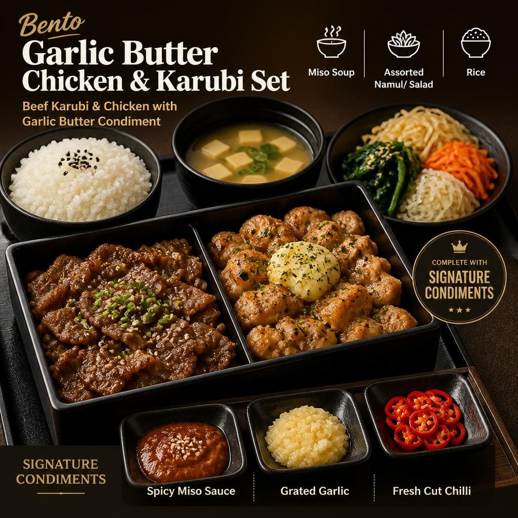 Bento Garlic Butter Chicken & Karubi Set Yakiniku Like